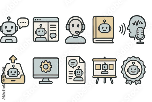Chatbot and ai outline icon set. robot face, voice, headset, communication symbols