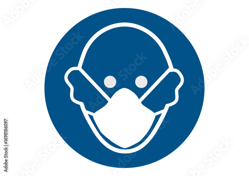 Blue and white sign of human head with face protection mask. Illustration made September 11th, 2025, Zurich, Switzerland.