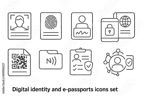 Digital identity and e-passports icon set. flat style identity, security icons collection