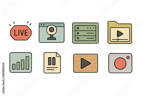Multimedia and livestreaming icon set. filled icons for digital creation projects