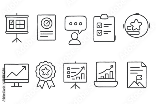 Business presentation outline icon set. charts, statistics, report and feedback icons