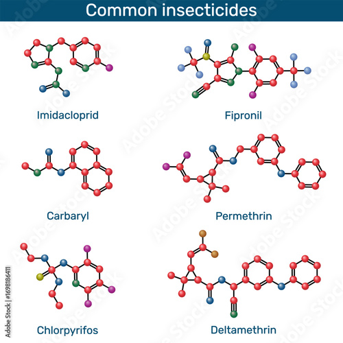 Common insecticides molecule..  Ball-and-stick models. Imidacloprid, fipronil, carbaryl, permethrin, chlorpyrifos, deltamethrin