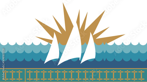 Stylized illustration of sailboats on water with sun rays and decorative border at the bottom