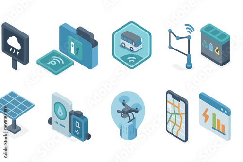 Smart city flat icon set. iot, connectivity, sustainability, tech in flat icons