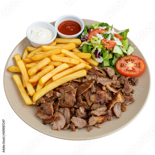 Doner kebab with fries and salad isolated on transparent background