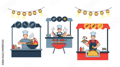 Culinary Marketplace: An eye-level shot captures three vibrant food stalls, each manned by a chef, showcasing a diverse array of culinary delights. String lights dangle above.