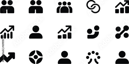 Collection of simple black icons representing people, connection, and growth charts