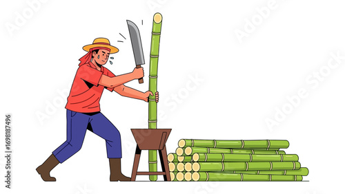 Sugar Cane Harvest: A dedicated agricultural worker meticulously harvests sugar cane with precision.