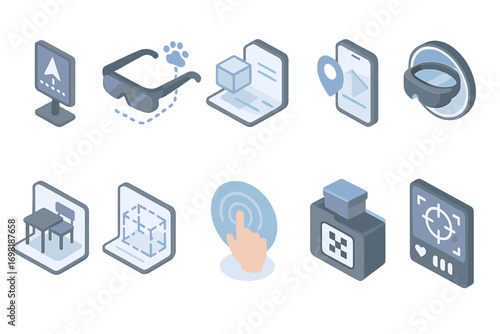 Virtual reality and augmented reality 3d icon set. immersive technology collection