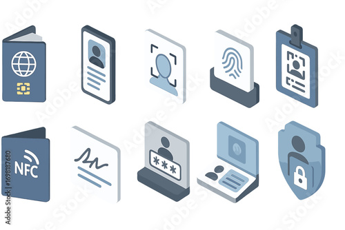 Identification, security flat icon set. digital identity, access control icons collection