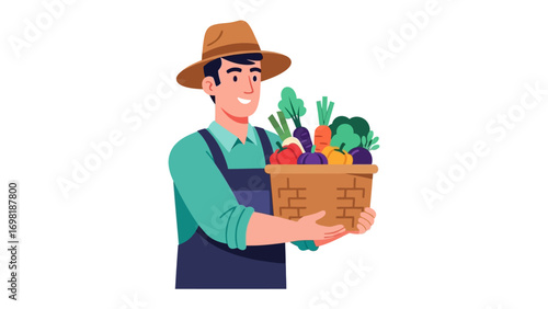 Harvest Bounty: A farmer, exuding rustic charm, cradles a wicker basket overflowing with freshly picked vegetables. A celebration of nature's goodness and the fruits of labor.