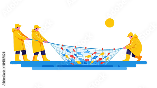 A Harvest from the Deep: Fishermen labor in unison, drawing in a bountiful catch. The teamwork, the pull of the net, symbolize the shared efforts and rewards of the sea.