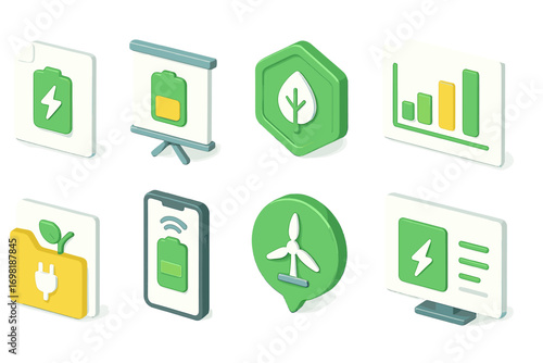 Eco-friendly energy 3d icon set. renewable, sustainable power symbols collection