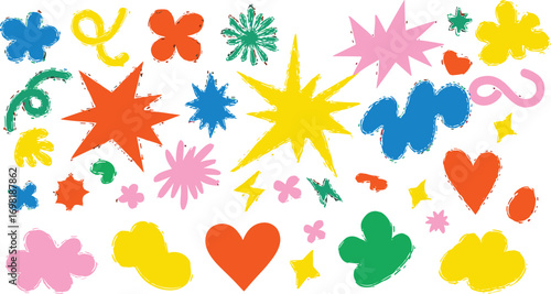 A creative and vibrant collection of hand-drawn doodle shapes. Colorful abstract elements, stars, and hearts for playful design projects
