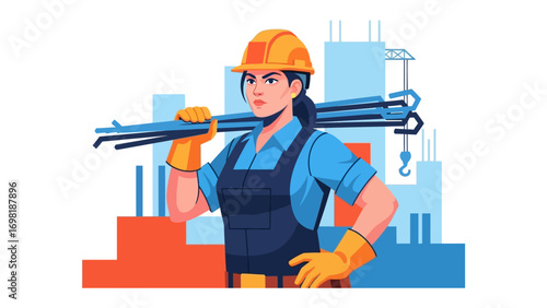 Resilient Builder: A determined female construction worker confidently carries a load of steel rods, embodying strength and dedication amidst an abstract construction setting.