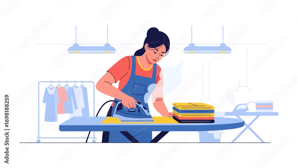 Obraz premium The Art of Perfect Pressing: A focused individual meticulously irons garments on a well-organized ironing board, surrounded by freshly laundered clothes and tools of her trade.