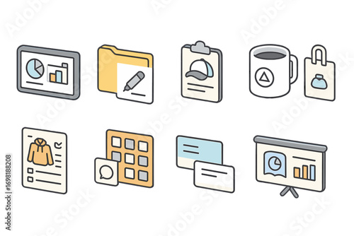 Business and office filled icon set. essential workstation graphics collection