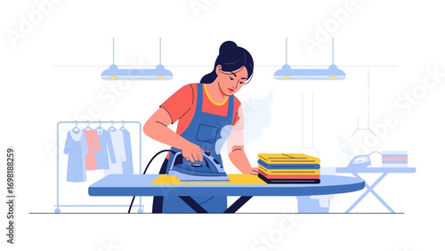 The Art of Perfect Pressing: A focused individual meticulously irons garments on a well-organized ironing board, surrounded by freshly laundered clothes and tools of her trade.