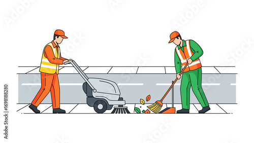 Street Cleaners at Work: A visual display showcasing street cleaners, equipped with essential tools and diligently maintaining the urban environment.