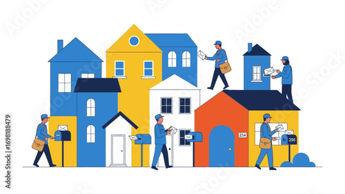 Community Postal Service: A network of mail carriers diligently delivering packages and letters to a vibrant neighborhood, connecting homes.