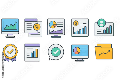 Business and analytics icon set featuring outline style for data visualization needs