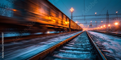 Train moves swiftly along snowy tracks at dusk, illuminating the surroundings with warm light