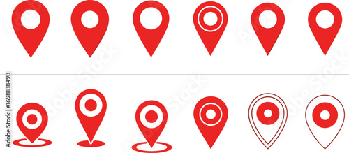 A versatile set of red map location pins and markers for navigation, GPS, and destination concepts. Vector icon collection isolated on a white background