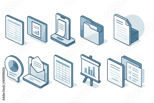 Business, finance 3d icon set. office, data analysis, spreadsheet icons collection