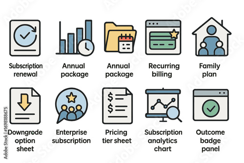 Subscription and billing flat icon set. analytics, family plans, recurring billing collection