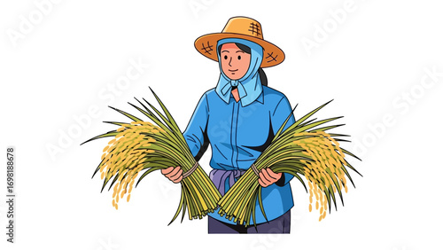 Harvesting Bounty: An illustration of a female farmer, smiling with satisfaction, holds bundles of golden rice plants, symbolizing the fruits of labor and the bounty of the harvest.