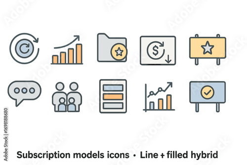 Subscription models icon set. line and filled hybrid for business use