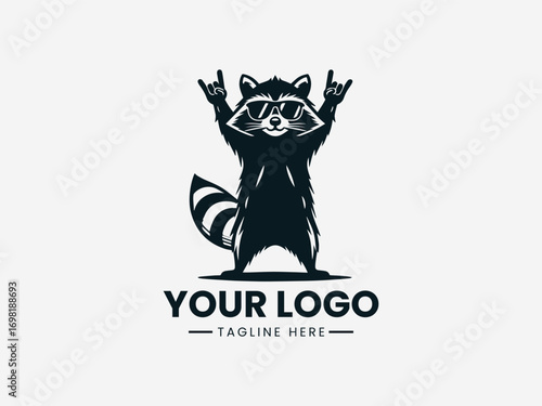 Cool raccoon vector logo wearing green sunglasses with raised funny hands
