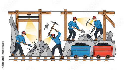 Mining Operations: Men in a mine actively working. Depicting a scene of relentless industry, skilled laborers engage in their vital tasks, shaping the landscape with precision and dedication.