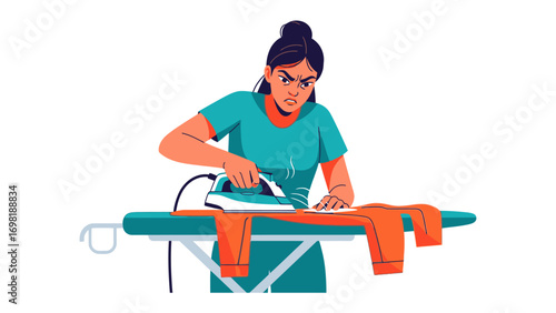 Frustrated Domesticity: A woman in a teal top, fueled by annoyance, aggressively irons clothes on an ironing board.
