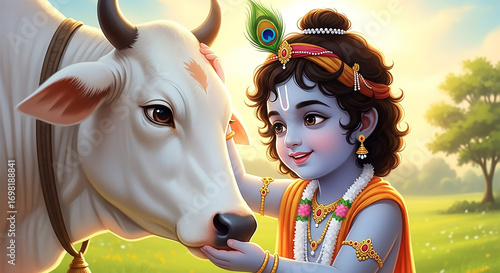 Baby Krishna Petting Cow, Playful Divine Child in Pastoral Scene