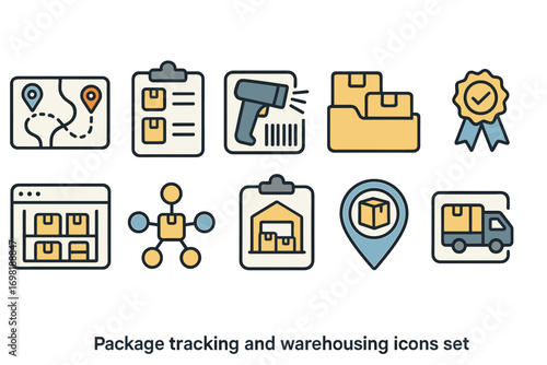 Package tracking and warehousing icon set in flat style for logistics solutions