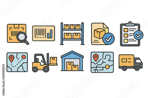 Logistics, delivery flat icon set. shipping, warehouse management icons collection