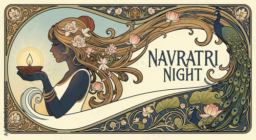 Navratri Night: Art Nouveau Goddess with Peacock and Lotus, Traditional Indian Festival