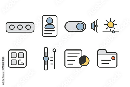Ui and ux solid icon set. interfaces, settings, controls solid icon collection