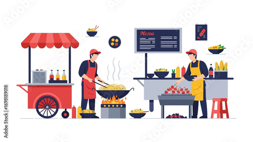Culinary Craft: Two chefs diligently prepare food at a vibrant food stall, where flavors and aromas intertwine, crafting delicious dishes and satisfying appetites.