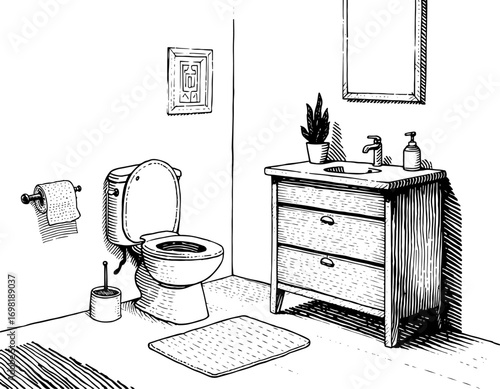 Rustic line drawing of a bathroom interior, black and white