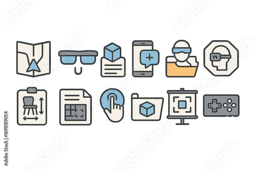 Virtual reality outline icon set. vr gadgets, headsets, technology, gaming outline icons