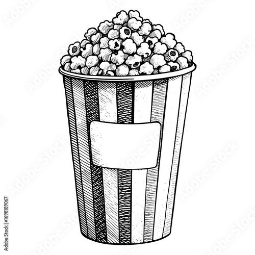 Vintage woodcut style popcorn bucket illustration, black and white