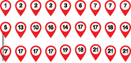 Red Numbered Map Markers Location Icons Set