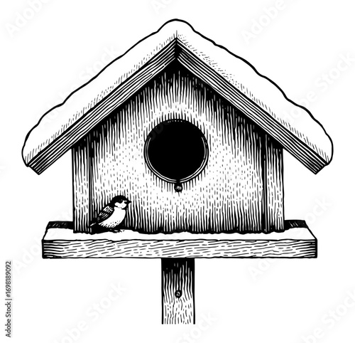 Small bird resting on a wooden birdhouse during a snowy winter day