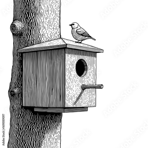 Charming bird perched on a rustic birdhouse mounted on a tree in a vintage woodcut illustration