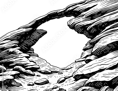 Natural rock arch in a black and white woodcut style