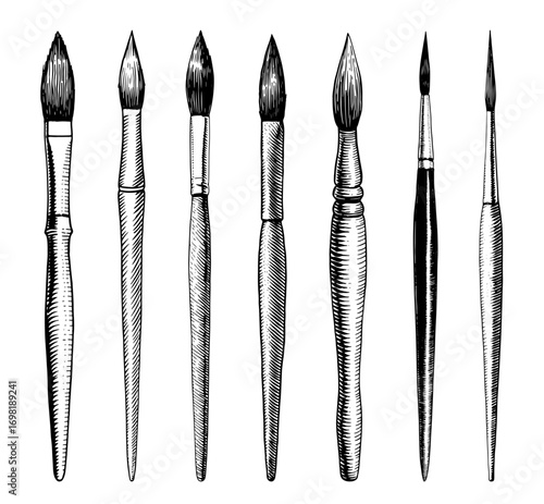 Collection of paintbrushes in a black and white engraved style
