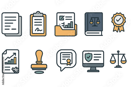 Legal document outline icon set. contract, law, agreement icons outline collection