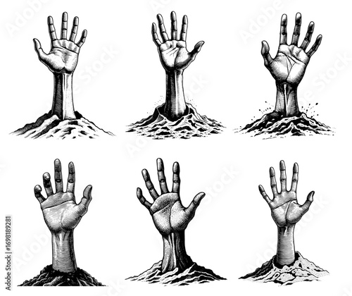 Set of hands emerging from the ground in woodcut style